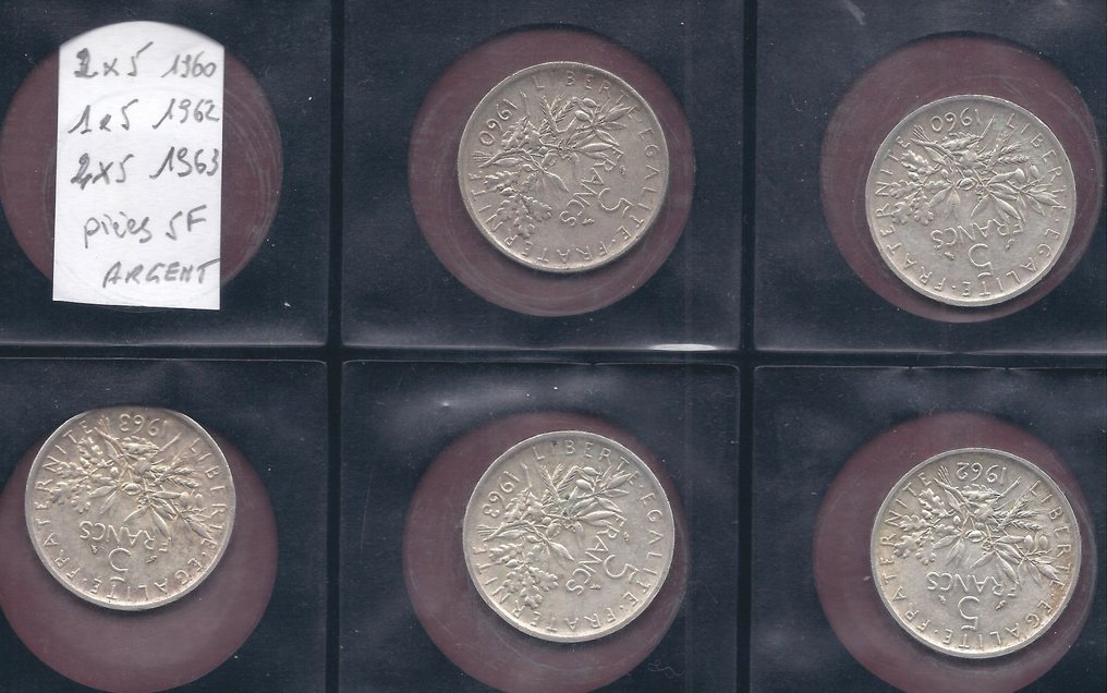 Franța. 5 Francs 1960/1963 Semeuse (lot de 5 monnaies en argent) (Fără preț de rezervă) #1.0
