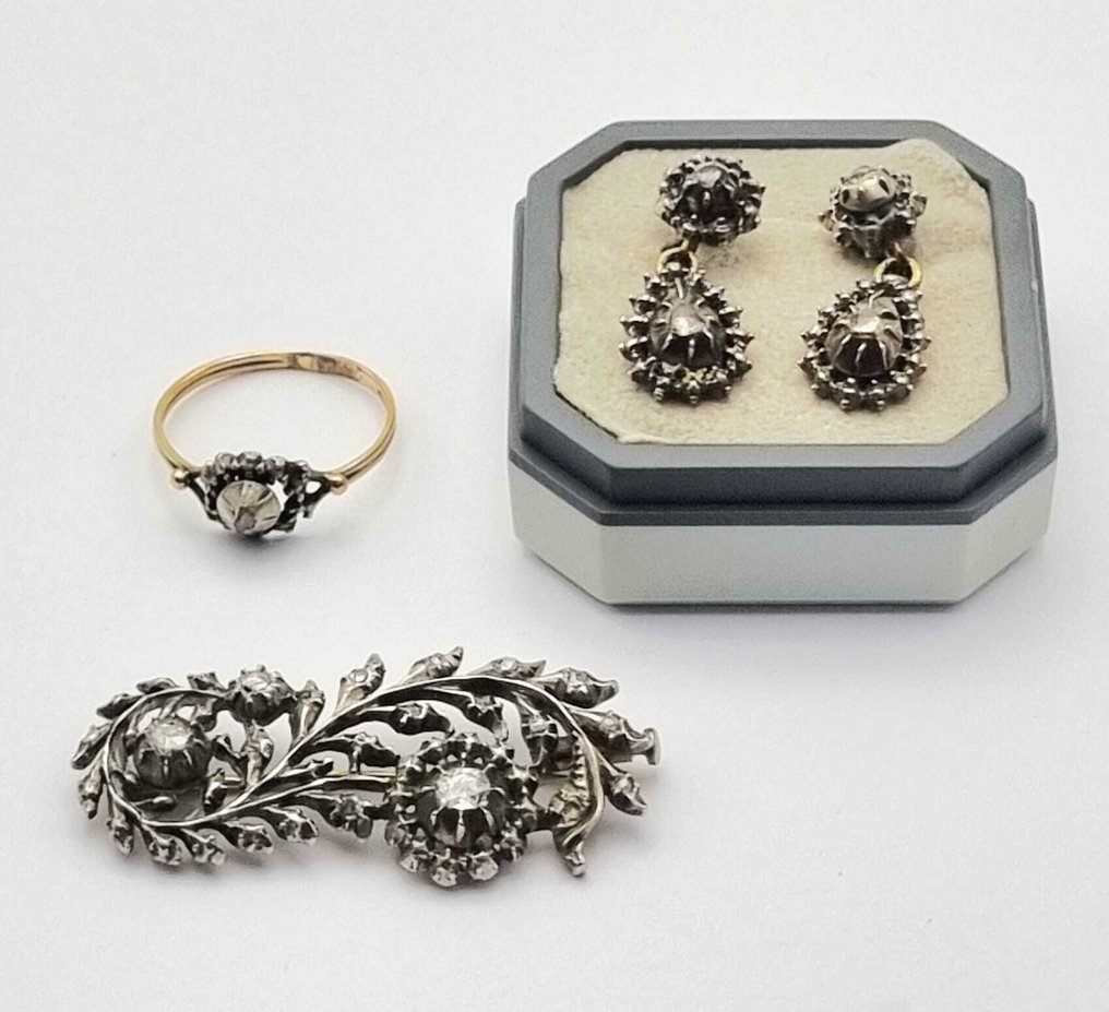 Ei pohjahintaa - 3-osainen korusetti - 14 kt. Keltakulta, Hopea - 0.20ct. tw. Timantti (Luonnollinen) - Timantti - Timantti asetettu hopeaan #1.0