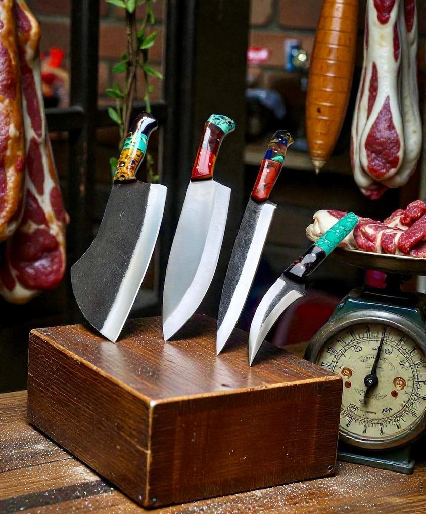 Set of FOUR, Hand-Forged with Old & dual polish Steel, Japanese Style Knives from Elite + Surprise - 厨刀 - Chef's knife - 钢, 木, 精美套装4件，手工锻造日本老钢复古刀具，+神秘惊喜圣诞 - 日本 #1.0