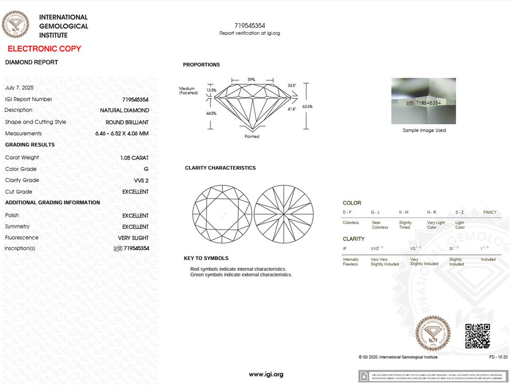 1 pcs 钻石  (天然)  - 1.05 ct - 圆形 - G - VVS2 极轻微内含二级 - 国际宝石研究院（IGI） - Ex Ex Ex #2.1