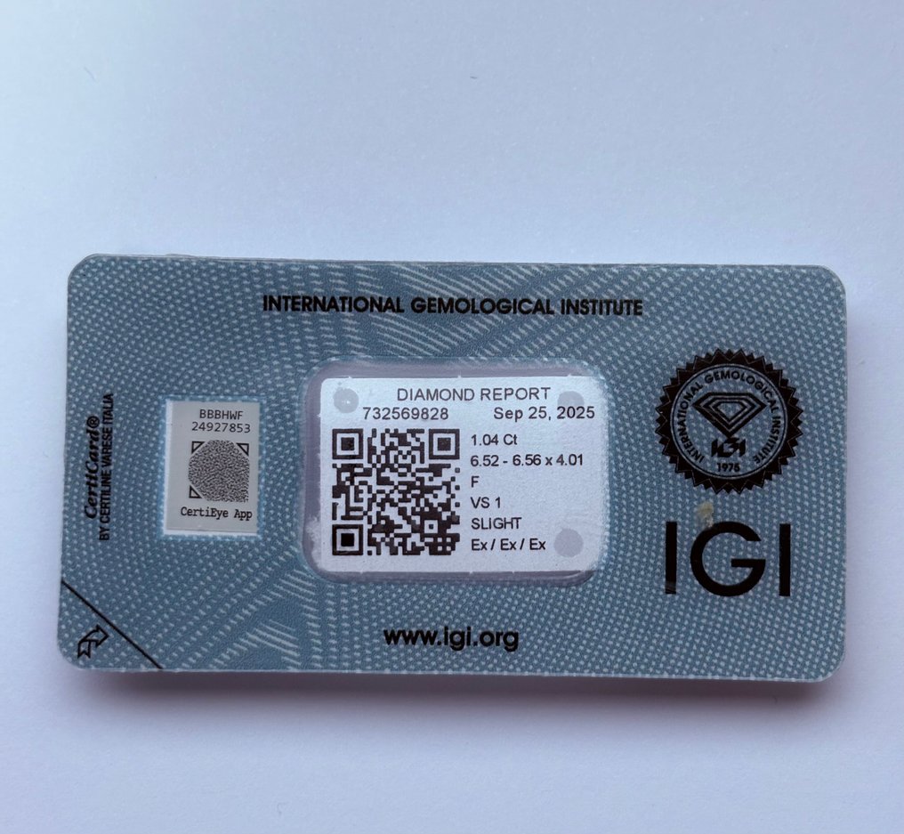 1 pcs 鑽石  (天然)  - 1.04 ct - 圓形 - F(近乎無色) - VS1 - 國際寶石學院（International Gemological Institute (IGI)） - Ex Ex Ex #1.0