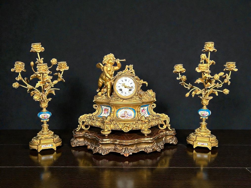 Kello- ja koristesetti (4) Napoleon III - sevres, Pronssattu, Kullattu puu - 1850-1900 #1.0