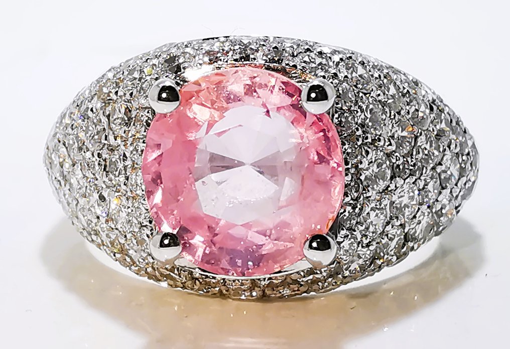 戒指 - 18K包金 白金 - 4.69ct. tw. 蓝宝石 - 钻石 - 无热/帕德拉德查/ GRS #3.2