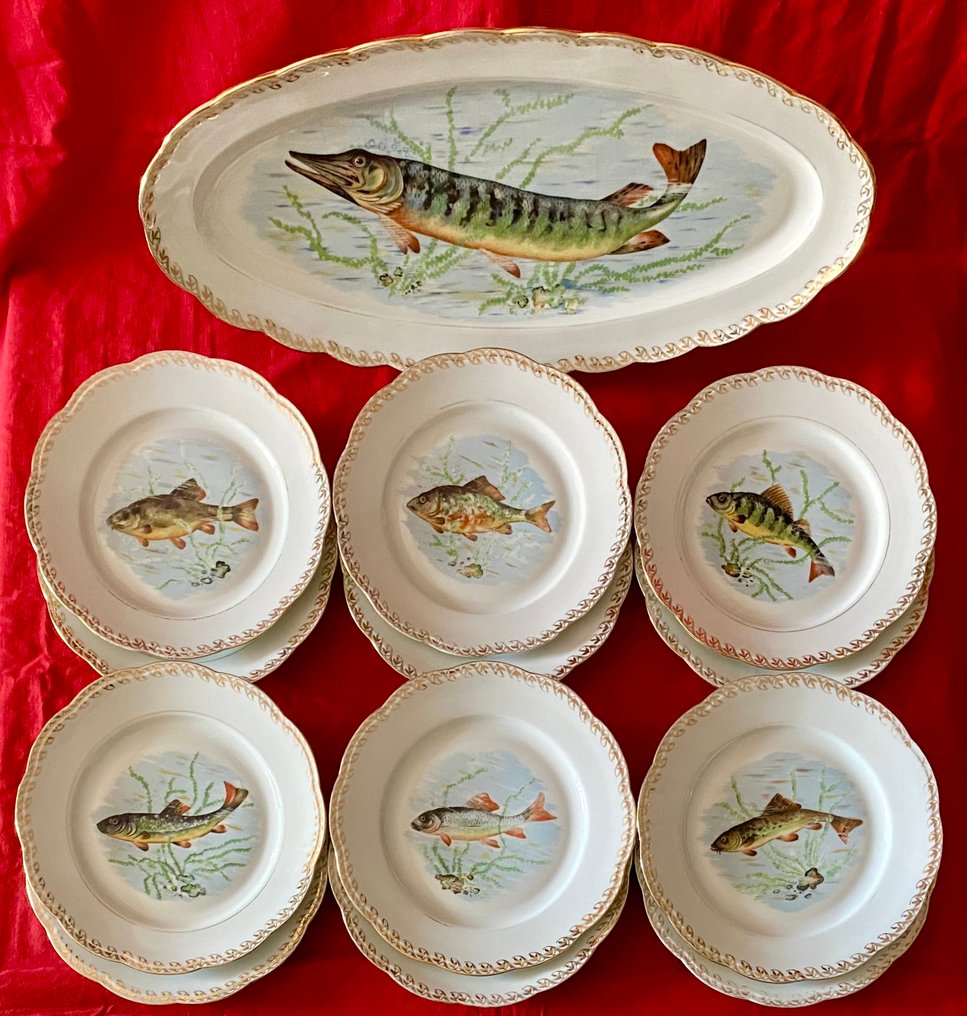 Limoges - Société Française de Porcelaines (SFP) - Conjunto de servir peixe (13) - Porcelana, Ouro - Serviço de peixe para 12 #4.3