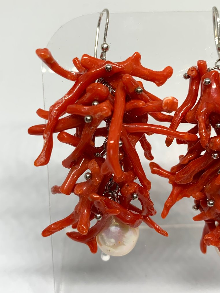 Bloedkoraal - Zilver - Oorbellen - Koraal en parel #2.1