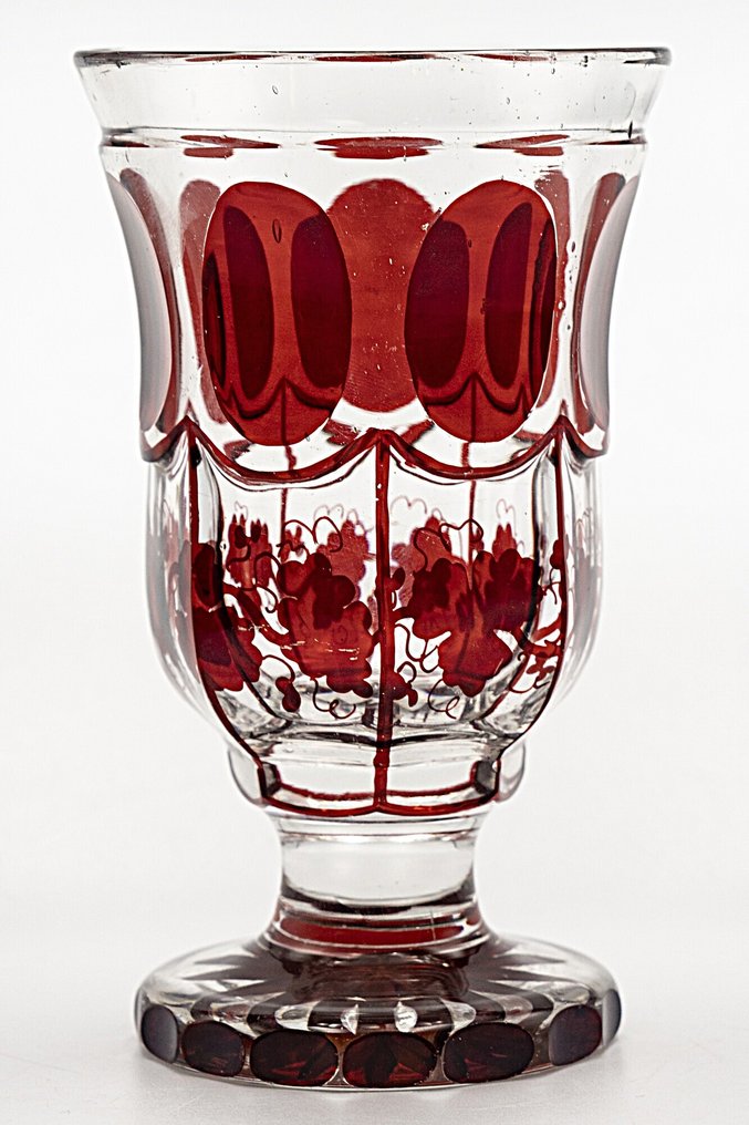 Antique Ruby Red Glass Vase Vine-Leaf motif-Faceted Glass Overlay, 1850 - Vase - Glass #3.2