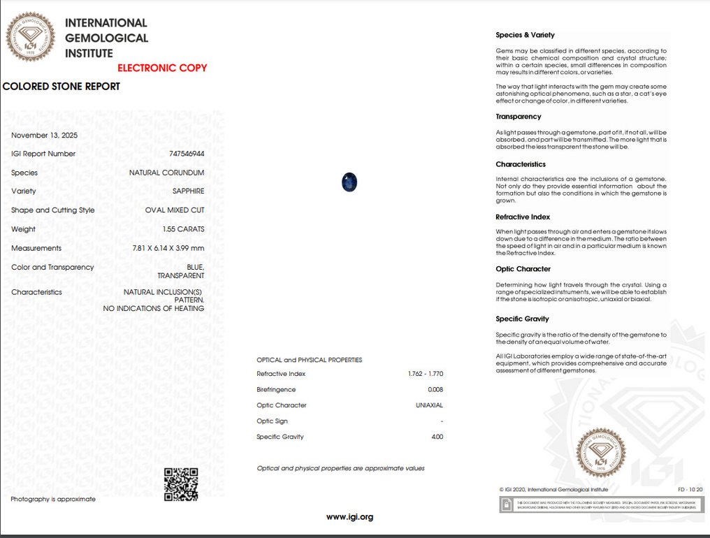 Fără preț de rezervă - 1 pcs Albastru Safir - 1.55 ct - IGI (Institutul gemologic internațional) - Albastru regal neîncălzit #2.1