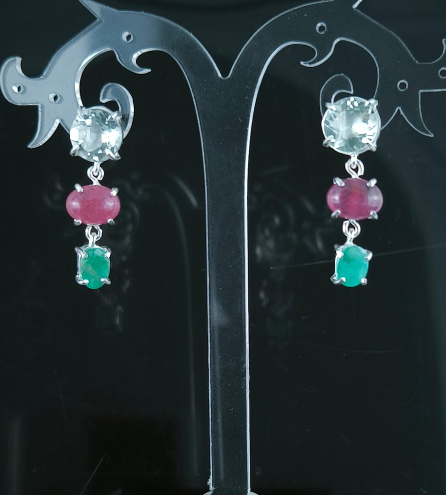 Διάφοροι πολύτιμοι λίθοι - Ασημί - Σκουλαρίκια - Aguamarina Rubí Esmeralda #2.1