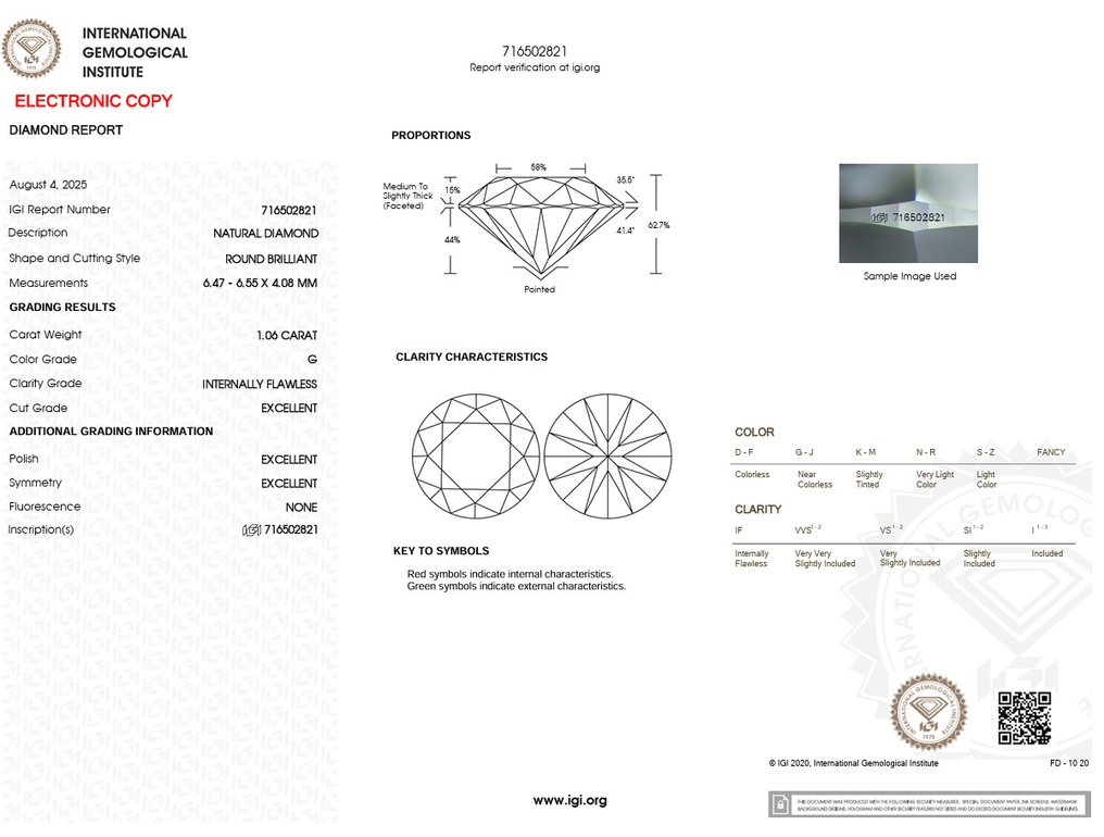 1 pcs 鑽石 (天然) - 1.06 ct - 圓形 - G - IF - 國際寶石學院(International Gemological Institute (IGI)) - Ex Ex Ex 无 #2.1