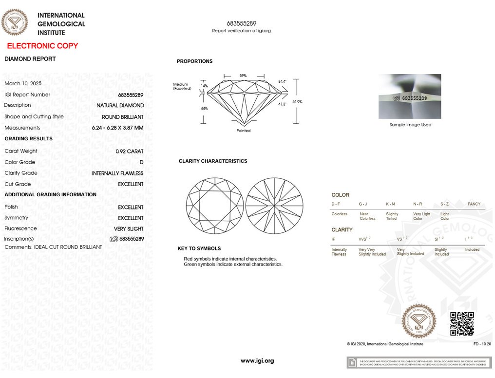 1 pcs Diamant (Natural) - 0.92 ct - Rotund - D (fără culoare) - IF - IGI (Institutul gemologic internațional) - Ex Ex Ex #3.2