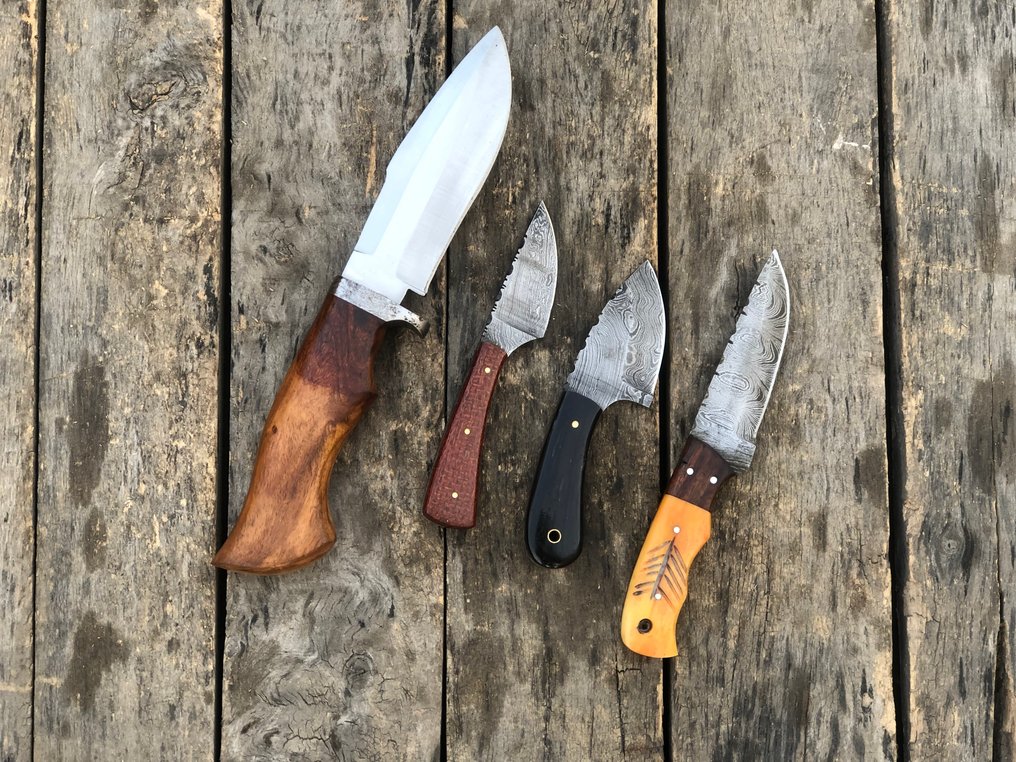 廚刀 - 享有盛誉的手工制作 Skinners Knife，多层锻造钢材，木材与稀有手柄 - 北美 - 皮套 TD71 #1.0