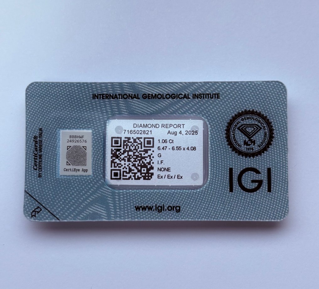 1 pcs 鑽石 (天然) - 1.06 ct - 圓形 - G - IF - 國際寶石學院(International Gemological Institute (IGI)) - Ex Ex Ex 无 #1.0