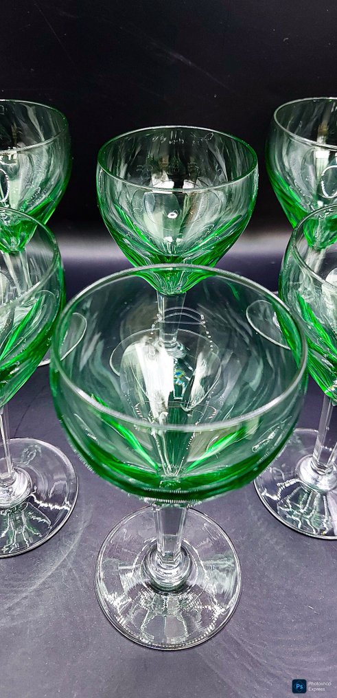 Verreries Doyen - Likörservice (6) - Atlas, côtes plates, jambes taillée - Semi-Kristal - Anagroen uniek #3.2