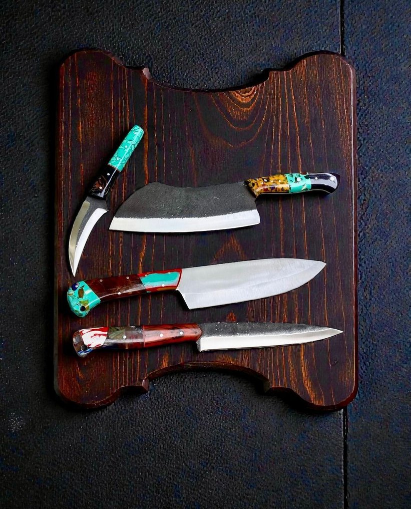 Set of FOUR, Hand-Forged with Old & dual polish Steel, Japanese Style Knives from Elite + Surprise - 厨刀 - Chef's knife - 钢, 木, 精美套装4件，手工锻造日本老钢复古刀具，+神秘惊喜圣诞 - 日本 #1.0