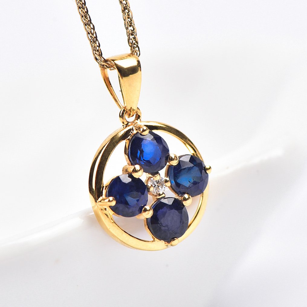 χωρίς τιμή ασφαλείας - Κολιέ με μενταγιόν - 18 καράτια Κίτρινο χρυσό Ζαφείρι - Διαμάντι - Sapphire - Πιστοποιημένο #3.2