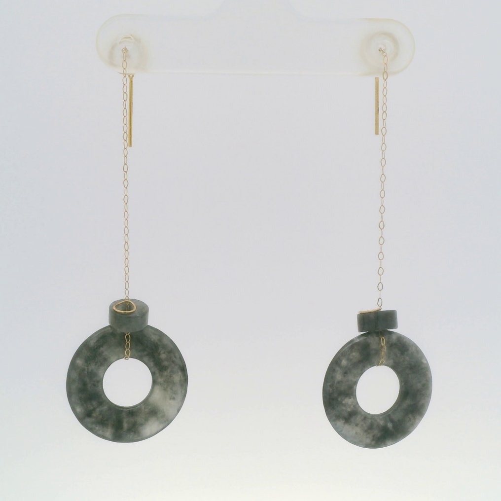 Nincs minimálár - Drop fülbevaló - 18 kt. 18K arany és természetes jáde gyöngyös hosszú fülbevalók, Sárga arany Jade #1.0