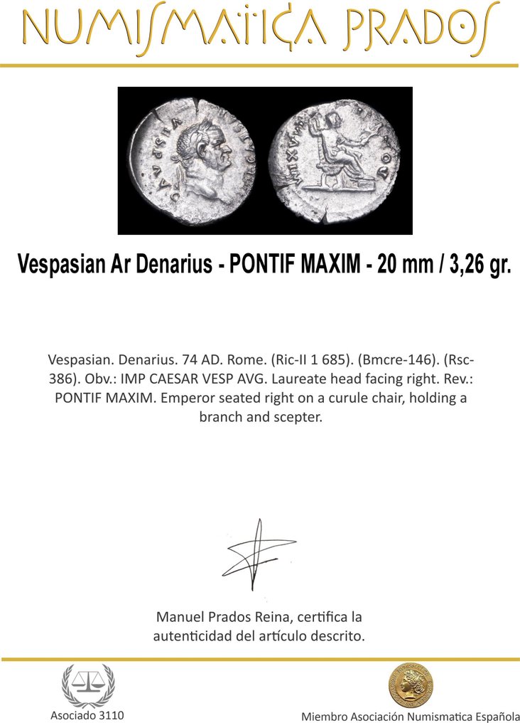 Impero romano. Vespasiano (69-79 d.C.). Denarius (Senza prezzo di riserva) #1.0