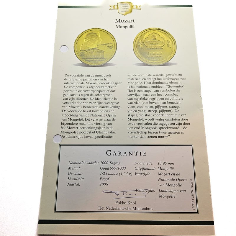 Mongolia. 1000 Togrog 2006 - Mozart - 1/25 Oz. #2.1