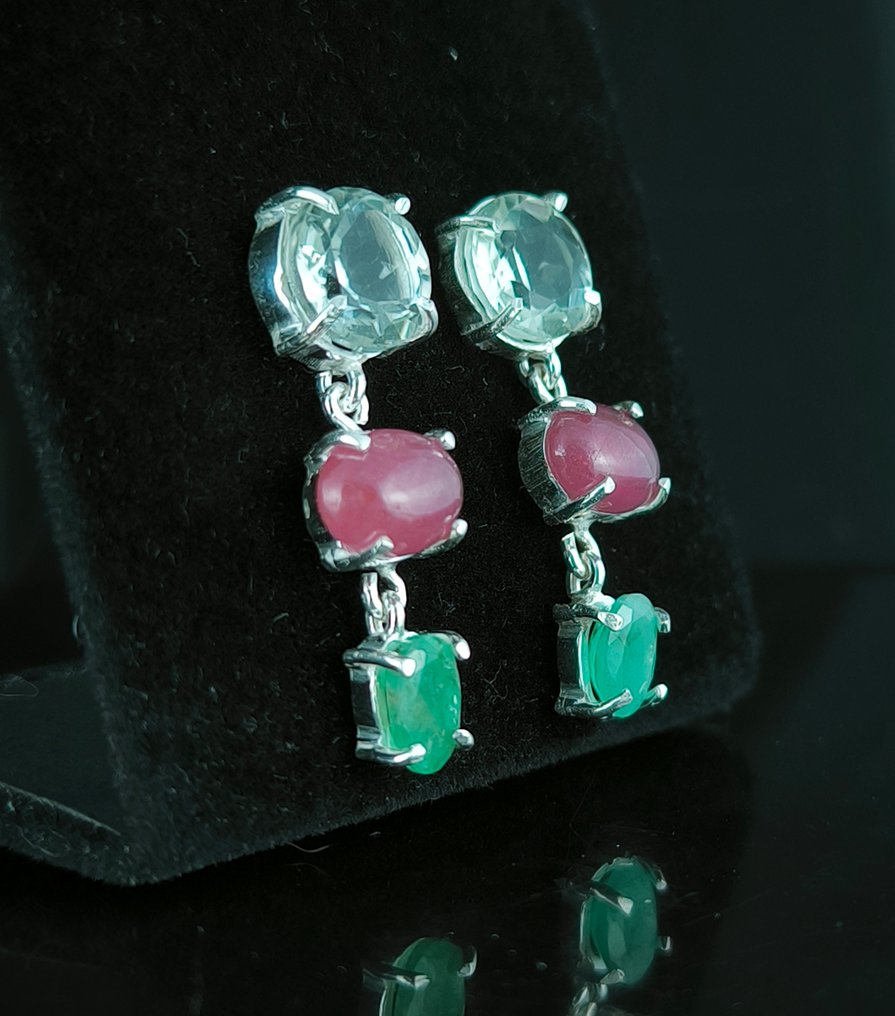 Διάφοροι πολύτιμοι λίθοι - Ασημί - Σκουλαρίκια - Aguamarina Rubí Esmeralda #4.3