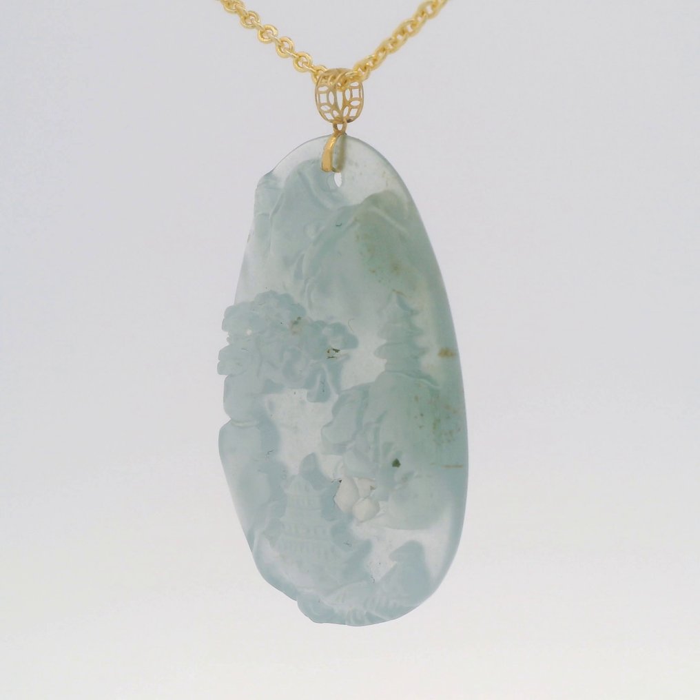No reserve price - Pendant - 18 kt. Yellow gold, Hand-Carved Jade Scenery Pendant with 18K Gold Loop Jade #4.3