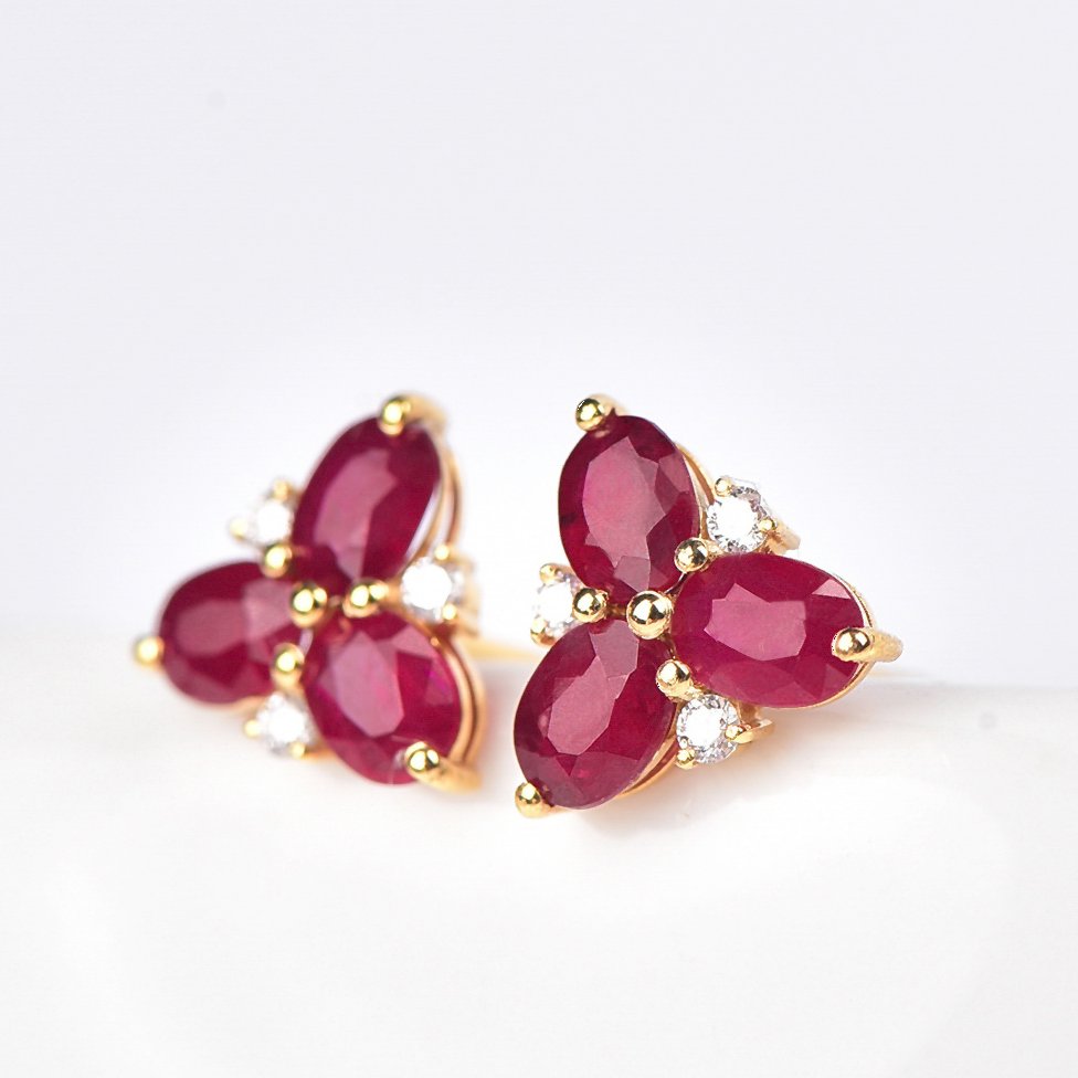 没有保留价 - 耳环 - 18K包金 黄金 红宝石 - 钻石 - Ruby - 已认证 #3.2