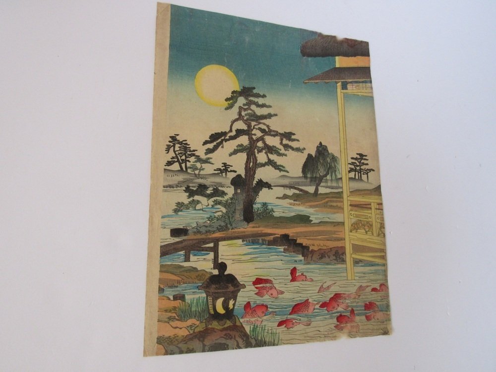 Meiji Period/Authentic Work by Yosai Enichi, Cool Goldfish Pond Garden "Autumn Moon Viewing at a - Yōsai Enichi  楊斎延一 - 日本 -  明治時期（1868-1912） #1.0