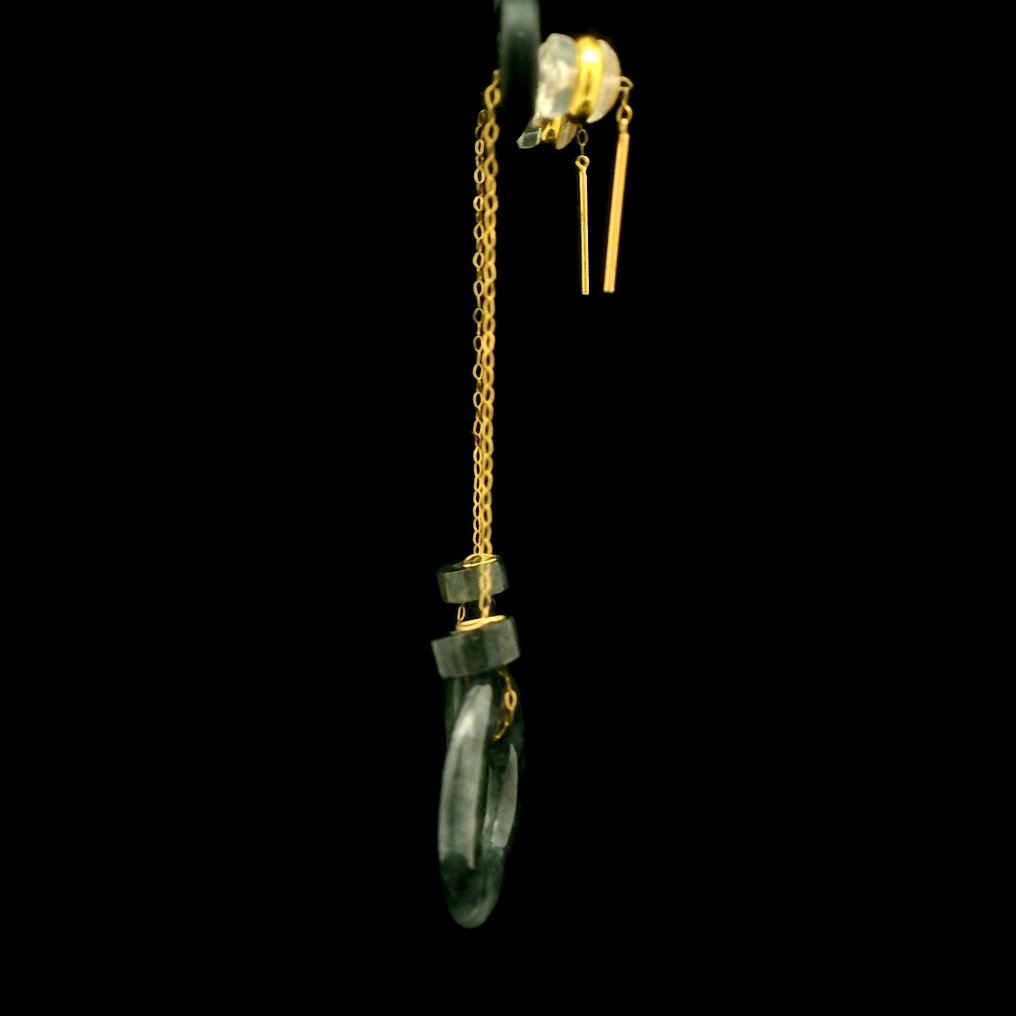 Nincs minimálár - Drop fülbevaló - 18 kt. 18K arany és természetes jáde gyöngyös hosszú fülbevalók, Sárga arany Jade #3.2