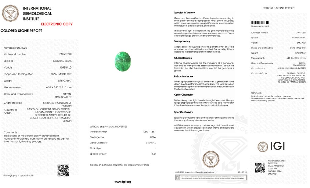 Nincs minimálár Smaragd - 0.75 ct - Nemzetközi Gemmológiai Intézet (IGI) #2.1