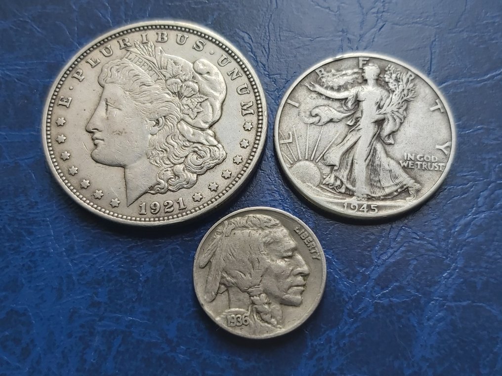 Verenigde Staten. Lot of 3 coins, including: Dollar 1921-D, 5 Cents 1936, half Dollar 1945 (Zonder minimumprijs) #1.0