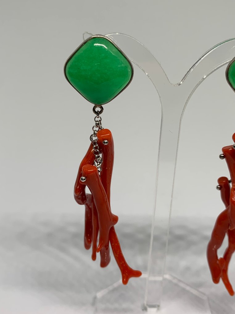 Κοράλλι αίματος - Ασημί - Σκουλαρίκια - Κοράλλι και χαλαζίας #1.0