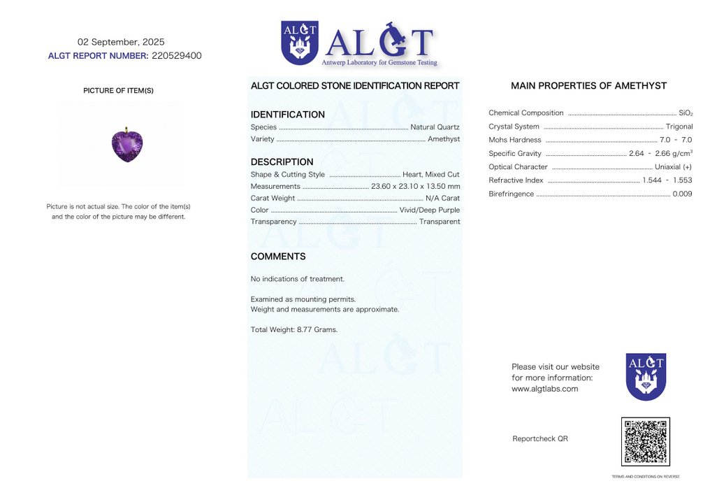 Sans prix de réserve - Collier avec pendentif - 18 carats Or jaune Améthyste - ALGT certifié #2.1