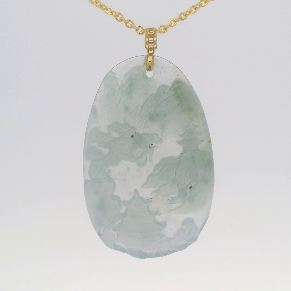 No reserve price - Pendant - 18 kt. Yellow gold, Hand-Carved Jade Scenery Pendant with 18K Gold Loop Jade #1.0