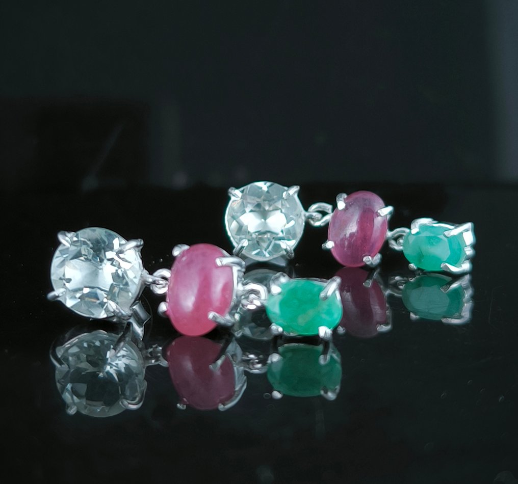Διάφοροι πολύτιμοι λίθοι - Ασημί - Σκουλαρίκια - Aguamarina Rubí Esmeralda #1.0