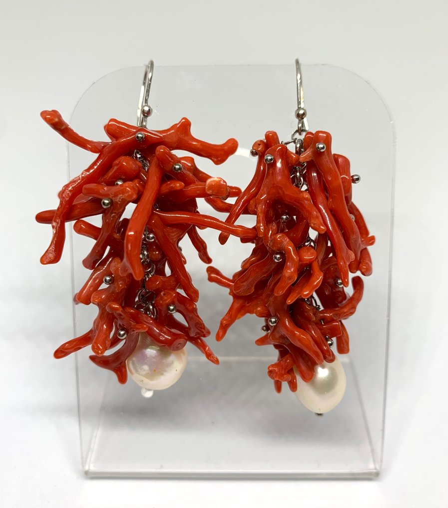 Bloedkoraal - Zilver - Oorbellen - Koraal en parel #1.0