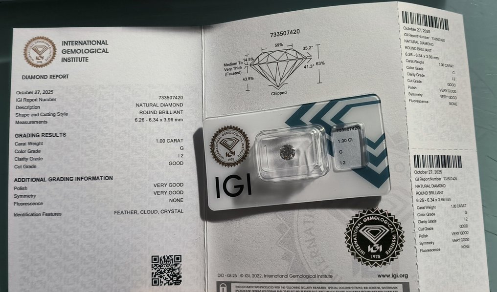 1 pcs 钻石  (天然)  - 1.00 ct - 圆形 - G - I2 内含二级 - 国际宝石研究院（IGI） #3.2