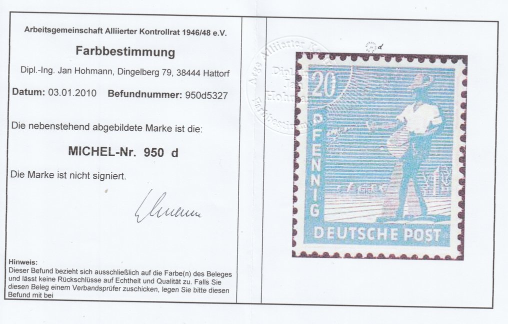 Liittoutuneet - Saksa 1947 - Työtekijäsarja, 20 snt harvinaisissa b, c ja d-väreissä, postimerkki ilman leimaa ja sertifikaattia. - Michel 950 b, c und d #1.0