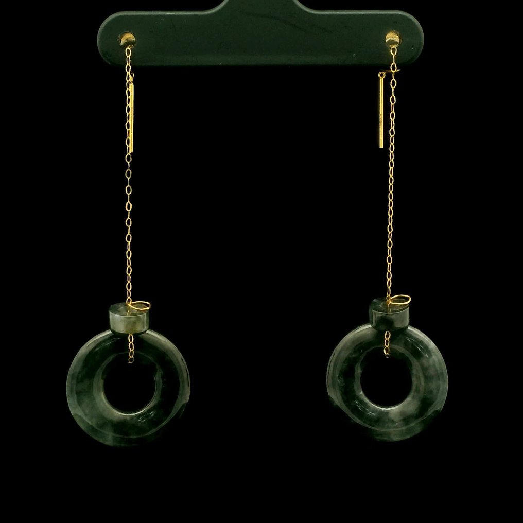 Nincs minimálár - Drop fülbevaló - 18 kt. 18K arany és természetes jáde gyöngyös hosszú fülbevalók, Sárga arany Jade #1.0