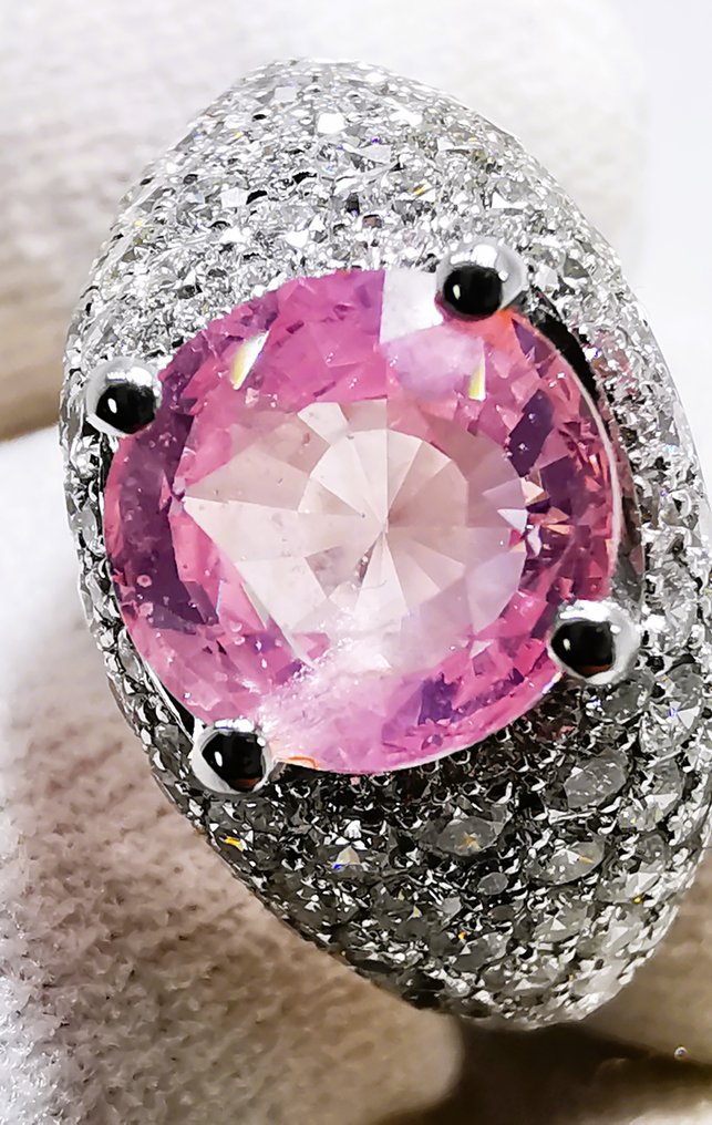 戒指 - 18K包金 白金 - 4.69ct. tw. 蓝宝石 - 钻石 - 无热/帕德拉德查/ GRS #1.0