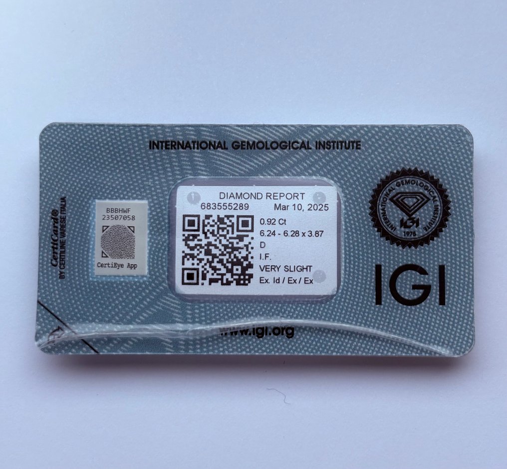 1 pcs Diamant (Natural) - 0.92 ct - Rotund - D (fără culoare) - IF - IGI (Institutul gemologic internațional) - Ex Ex Ex #1.0