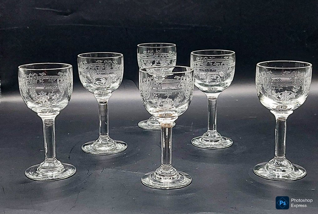 Ποτήρι Port (6) - Ωραίο χαραγμένο στέμμα / μοτίβο με έμβλημα - Γυαλί - Φτιαγμένα με το φεγγάρι ποτηράκια λικέρ #2.1