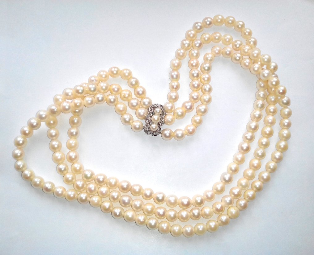 Senza prezzo di riserva - Collana Argento 925 - Perle di Akoya - a tre fili #1.0