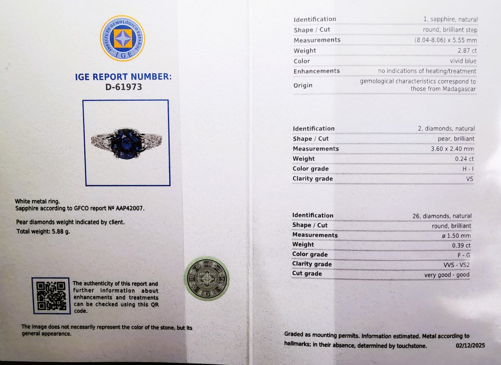 戒指 - 18 克拉 白金, Zafiro Vivid 蓝色 无热 3.66克拉 - 5.88克 重 18k -  3.66ct. tw. 藍寶石 - 鉆石 - 鲜明的蓝色/无加热 #2.1