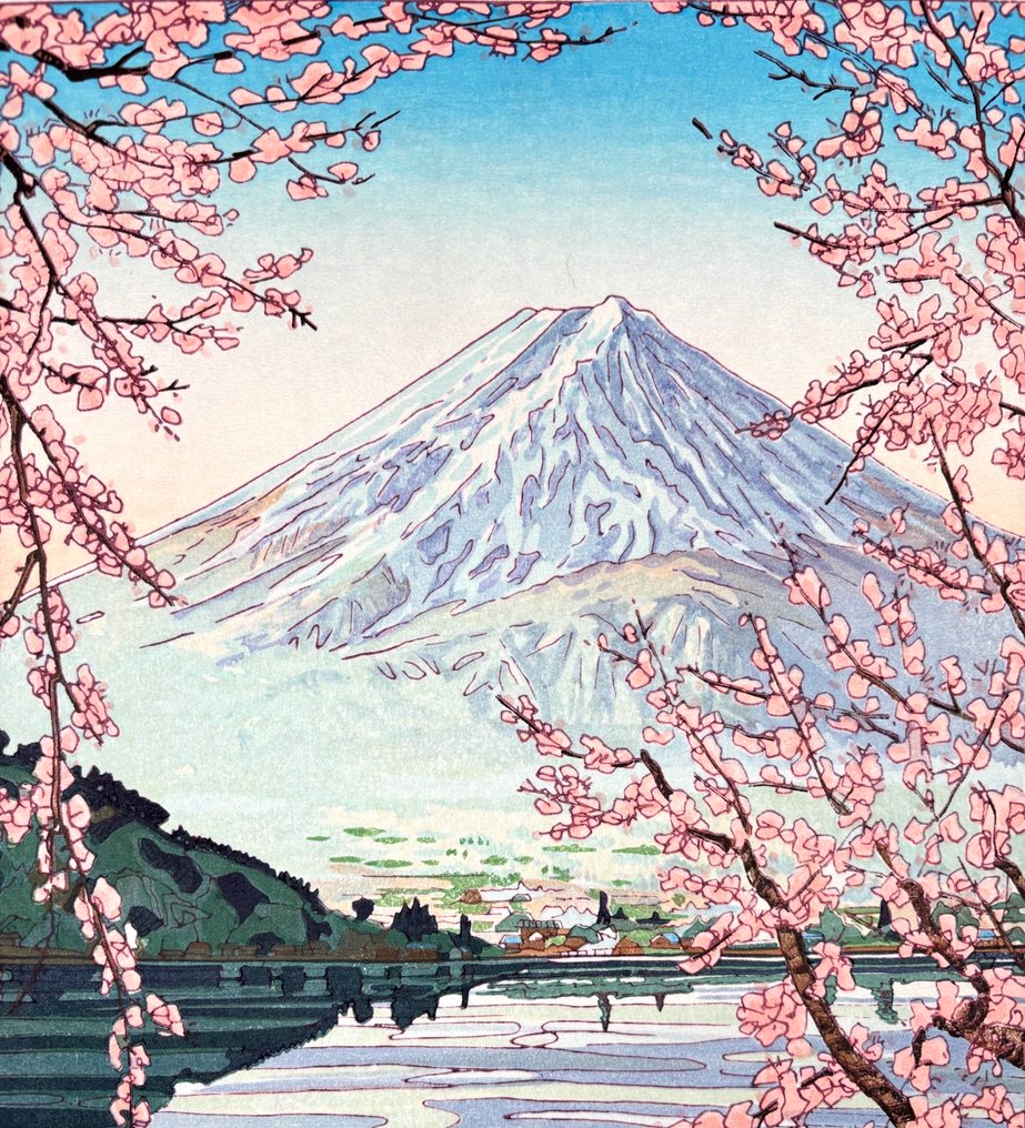 Mt. Fuji from Lake Kawaguchi 河口湖の富士 Kawaguchi-ko no Fuji - NO RESERVE PRICE - Okada Koichi 岡田行一 (1907-1991) - Ιαπωνία (χωρίς τιμή ασφαλείας) #3.2