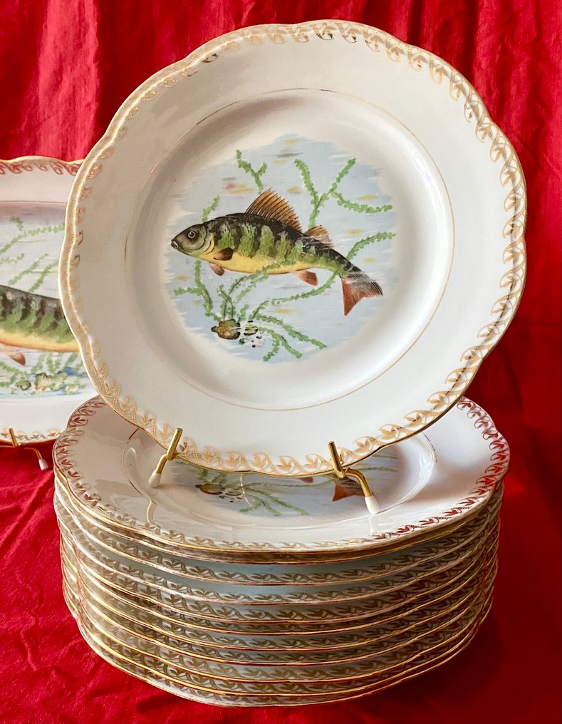 Limoges - Société Française de Porcelaines (SFP) - Conjunto de servir peixe (13) - Porcelana, Ouro - Serviço de peixe para 12 #3.2
