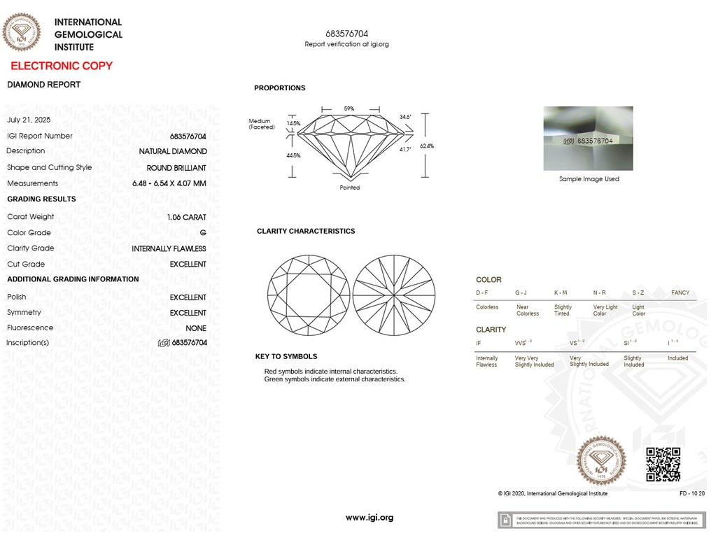 1 pcs 鑽石  (天然)  - 1.06 ct - 圓形 - G - IF - 國際寶石學院（International Gemological Institute (IGI)） - Ex Ex Ex 无 #2.1