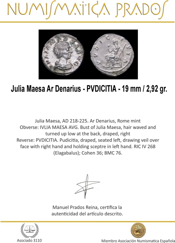 Impero romano. Giulia Mesa (Augusta, 218-224/5 d.C.). Denarius  (Senza prezzo di riserva) #1.0