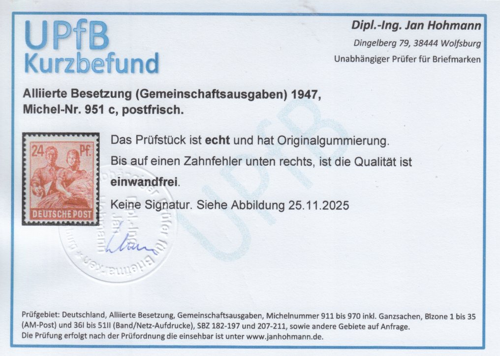 同盟國軍事佔領－德國 1947 - 工人系列，24 Pf，稀有的c色，未使用，带证书 - Michel 951 c #2.1