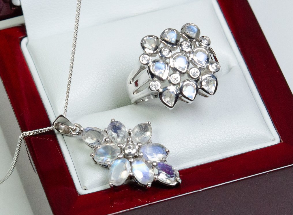 没有保留价 - 2件套珠宝 925 银 - 月光石 - 白色蓝宝石 #1.0