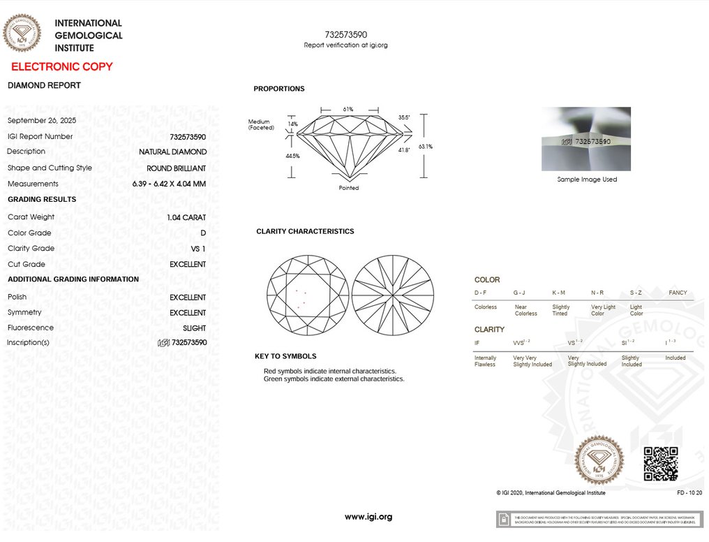 1 pcs Διαμάντι  (Φυσικό)  - 1.04 ct - Στρογγυλό - D (άχρωμο) - VS1 - International Gemological Institute (IGI) - Ex Ex Ex #2.1