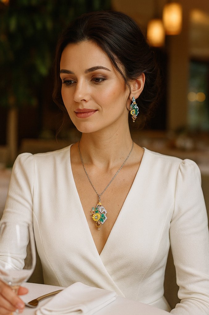 Ingen mindstepris - Smykkesæt med 2 dele Sølv -  8.00ct. tw. Smaragd - Zirkon #2.1